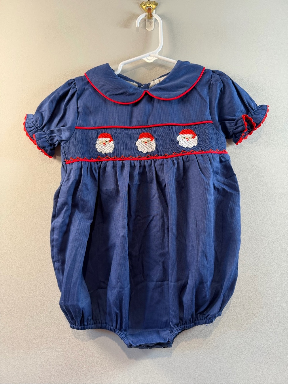 Babeeni Navy Hand Smocked Baby Girls Bubble with Santa Faces Size 3T NWT